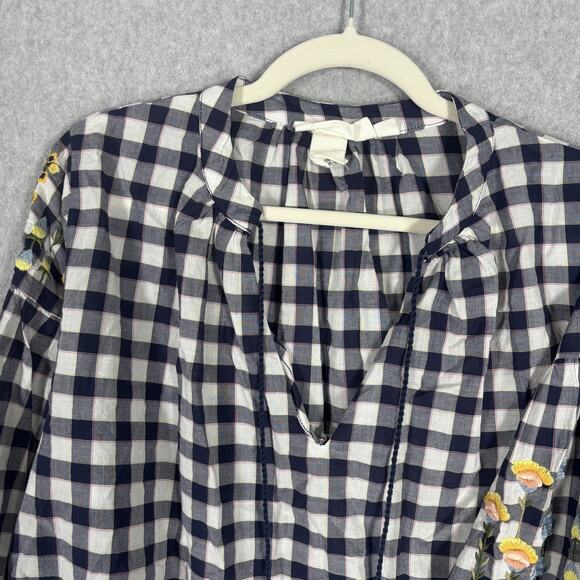 H&M Top 12 Navy‎ White Gingham Embroidered Puff Boho Cottage Maximalist Peasant - Picture 2 of 12